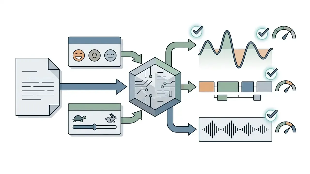 Document text processed through emotion and speed settings into a central hub producing audio metrics