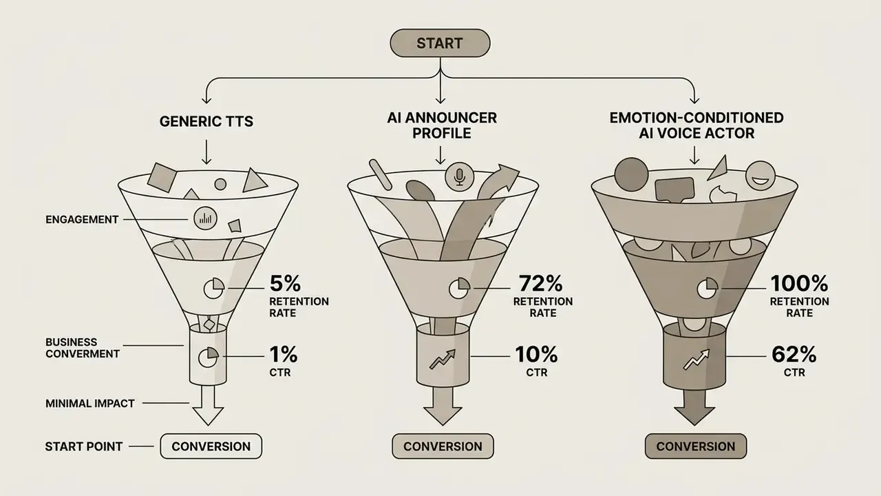 Funnel chart comparing retention and conversion metrics across three different AI voice types