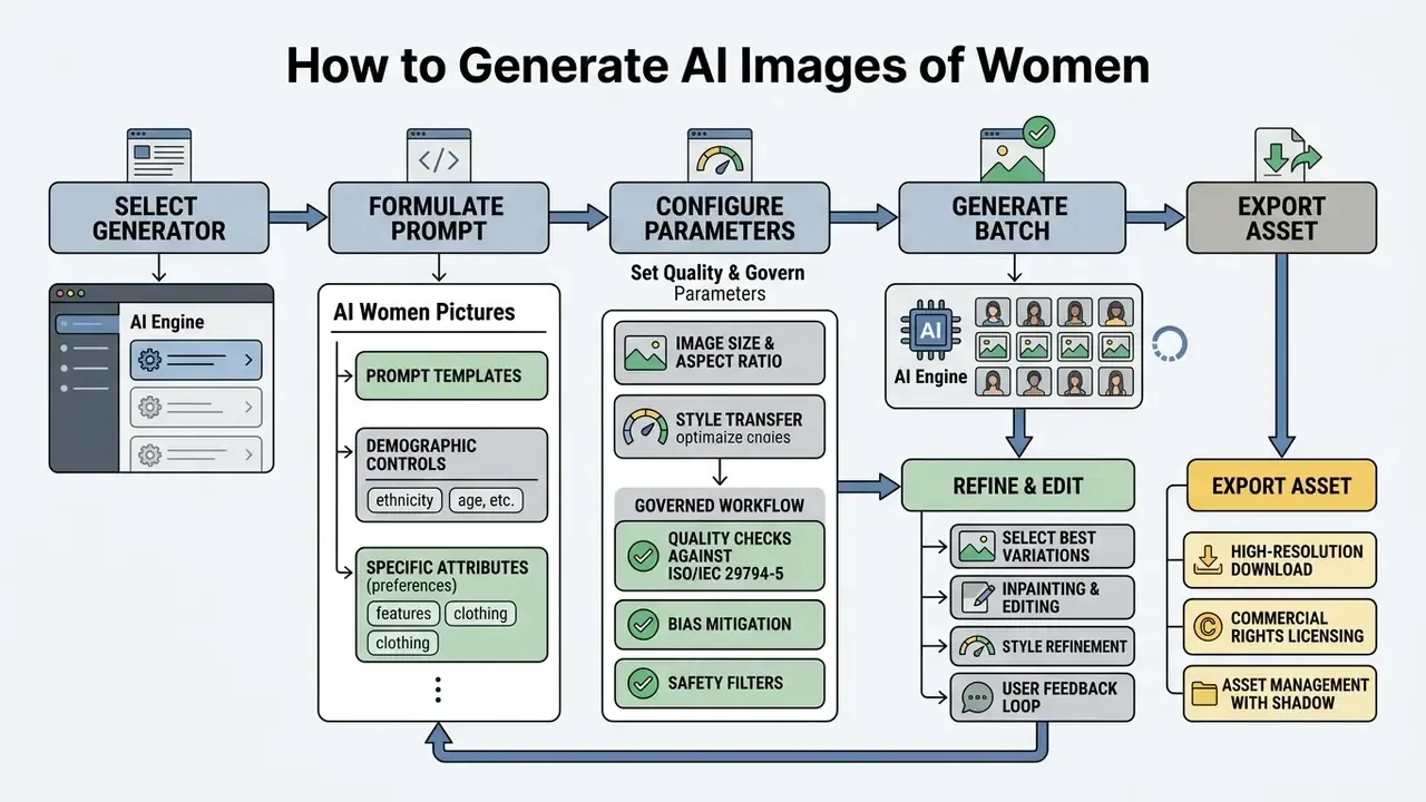 Step-by-step diagram showing the technical workflow for creating digital portraits using AI software