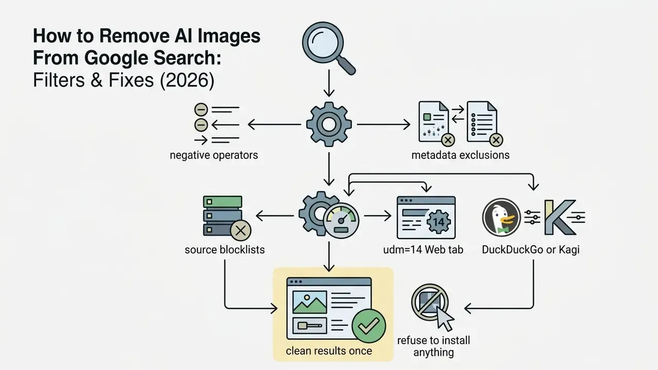 Flowchart showing methods to remove AI images from Google search without installing extra software