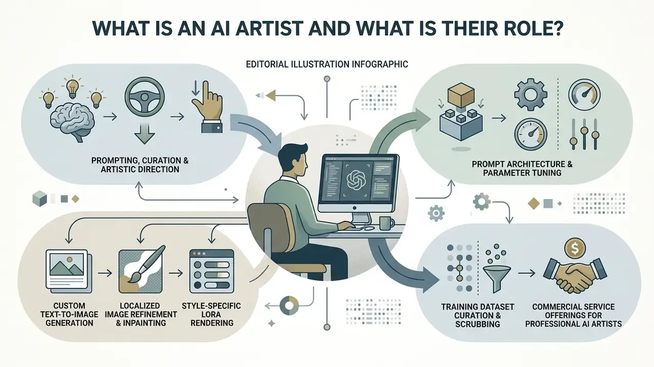 Human creator at a computer surrounded by icons representing prompt architecture and AI art workflows