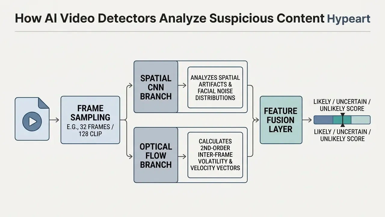 Flowchart showing a multi-branch pipeline that samples video frames to analyze spatial and motion data