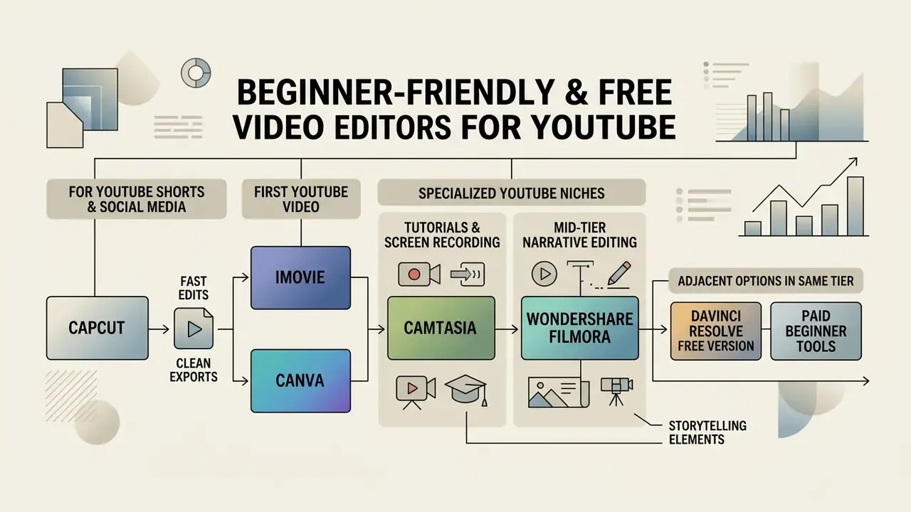 Diagram mapping video editing software options for creators based on specific content goals and niches