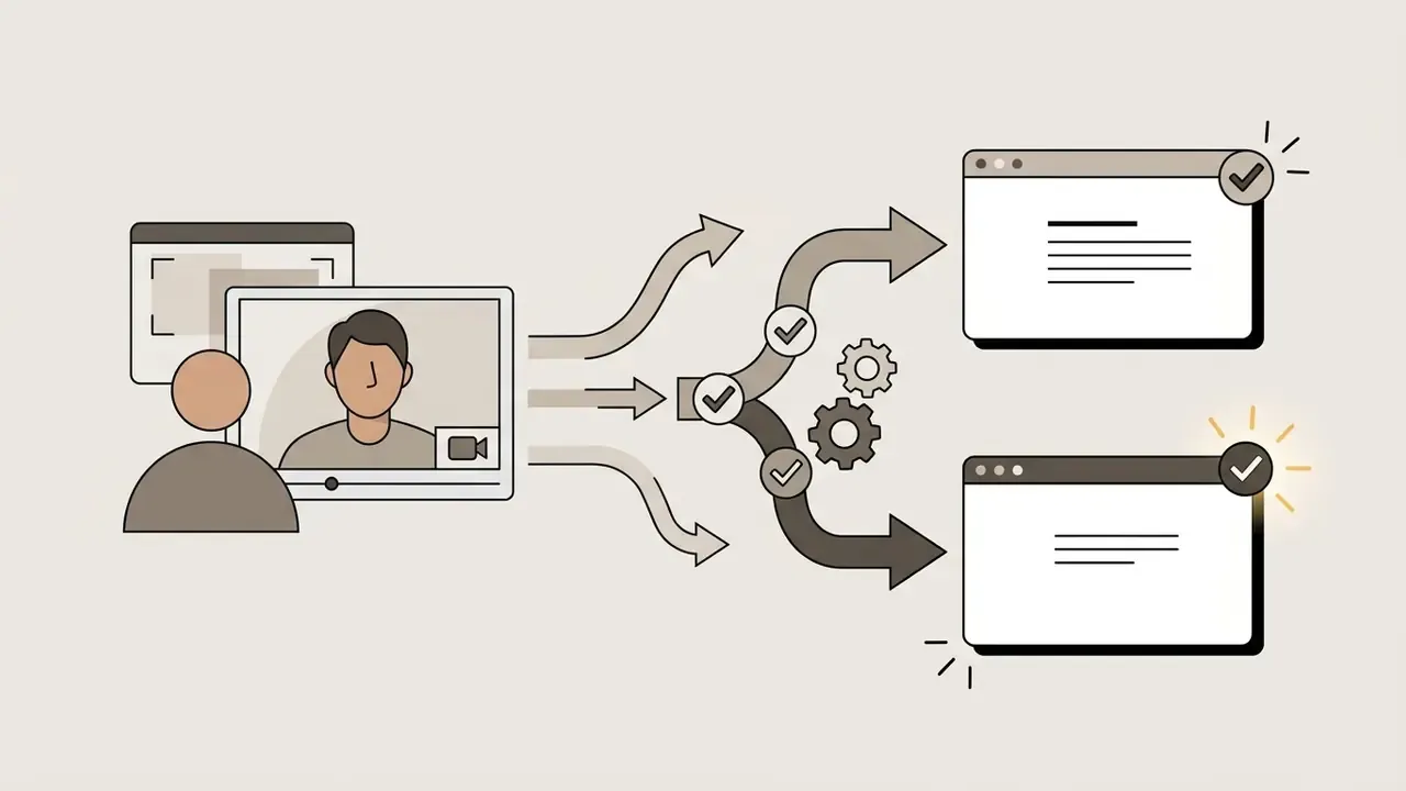 Screen recording and webcam icons connecting to two browser windows representing recommended software