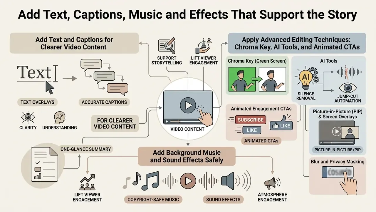Infographic detailing methods to enhance videos with text, captions, music, and advanced editing tools