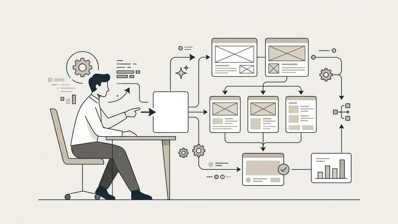 Person at a desk pointing toward a central box that branches out into multiple UI wireframe layouts