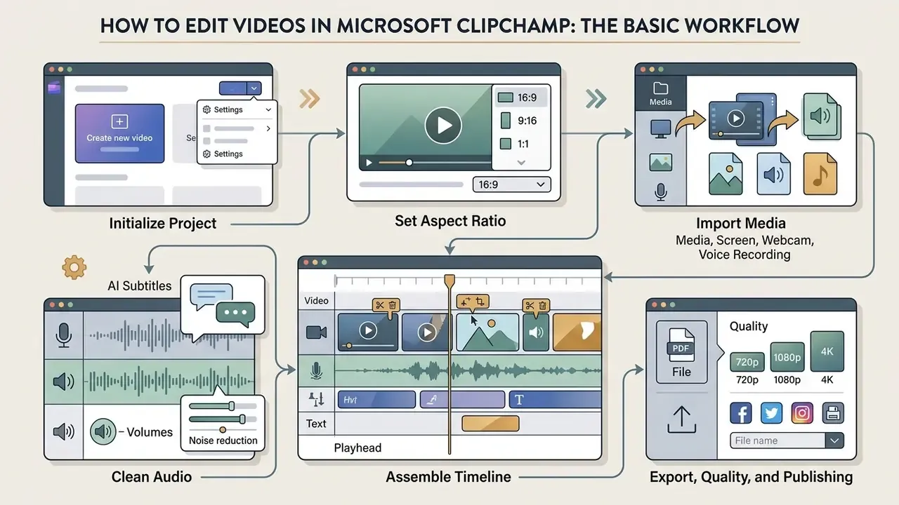Step-by-step visual guide showing the process of initializing a project, importing media, and exporting
