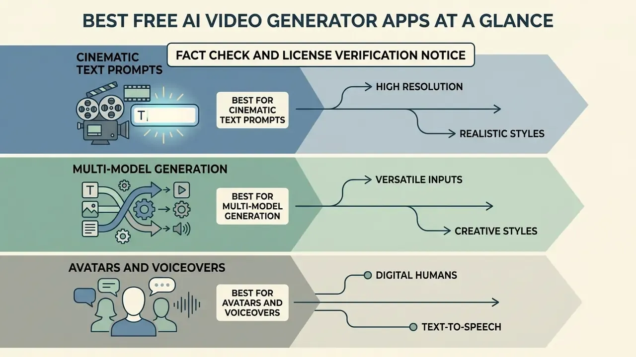 Summary of top AI video generator apps categorized by cinematic prompts, multi-model tools, and avatars