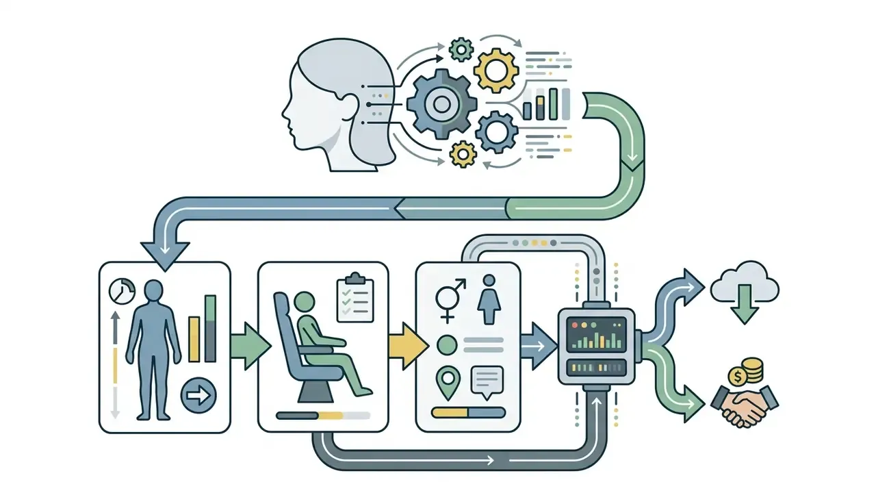 Gear mechanism processing human profile data into character pose and demographic prompt specifications