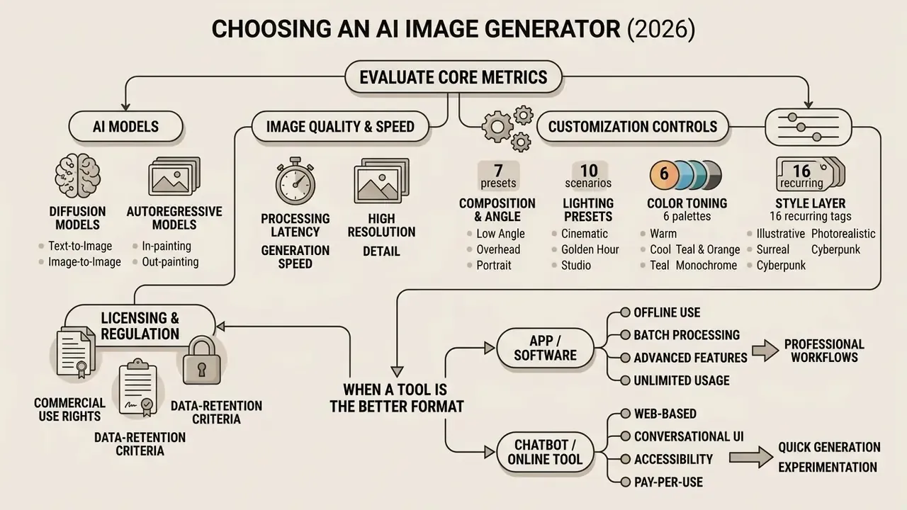 Flowchart outlining key metrics for evaluating AI image generator models and software formats