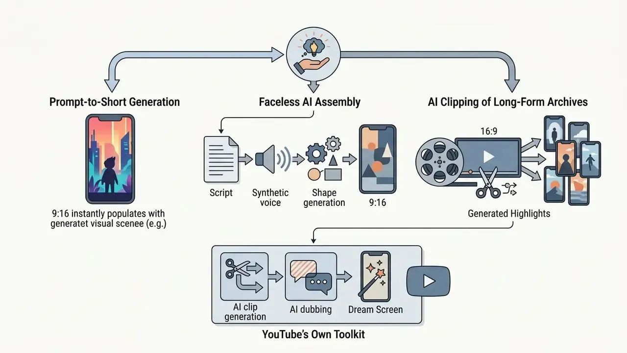 Three production paths for vertical video content and the native tools available within YouTube