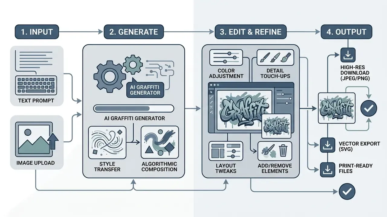 Four-stage diagram illustrating the process from initial input to final graffiti art download