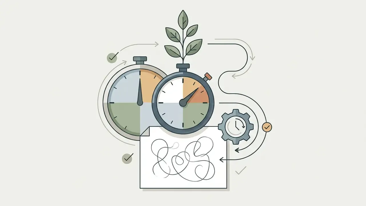 Two stopwatches with a plant sprout and gear icon connected by flow lines to a page of scribbled lines