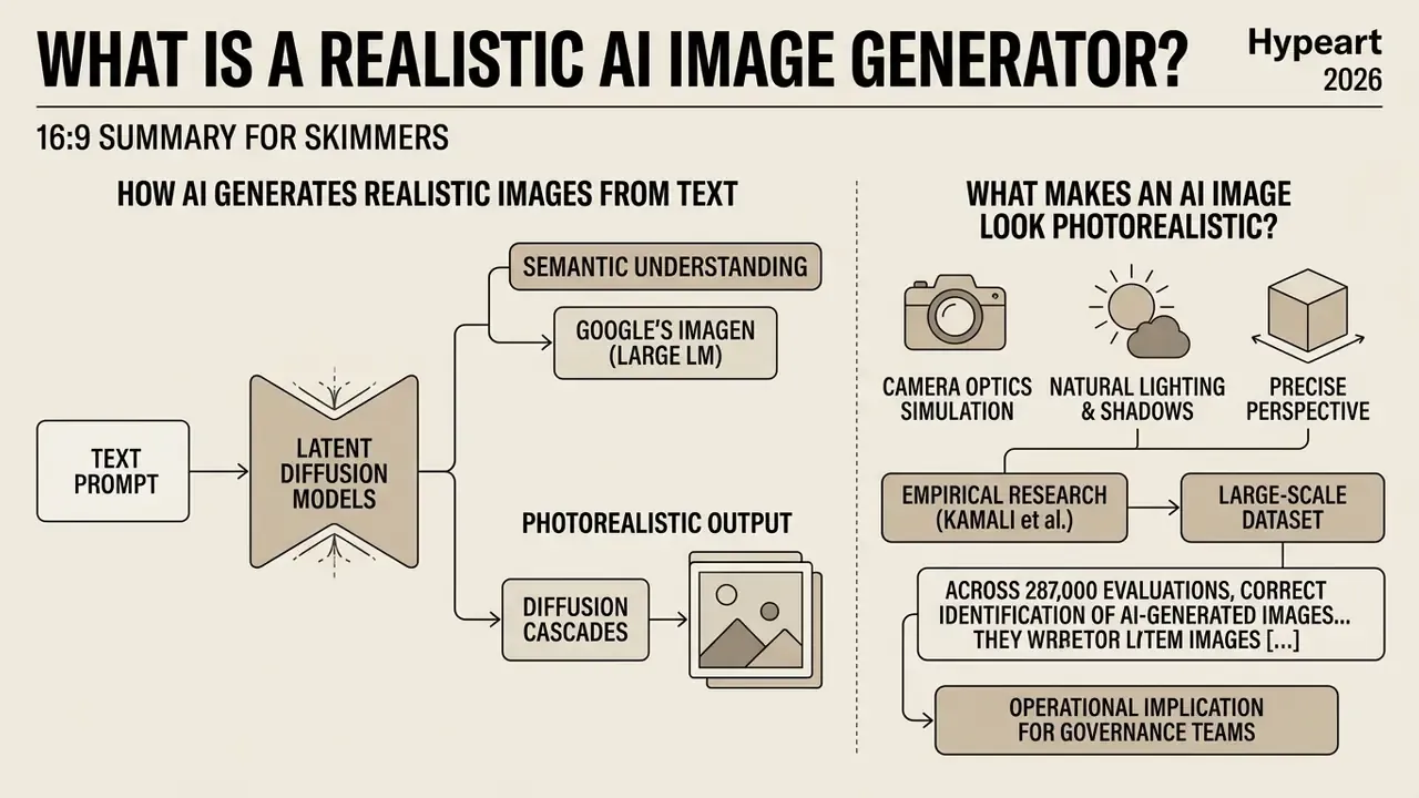 Flowchart detailing how a realistic AI image generator processes text prompts into photorealistic outputs