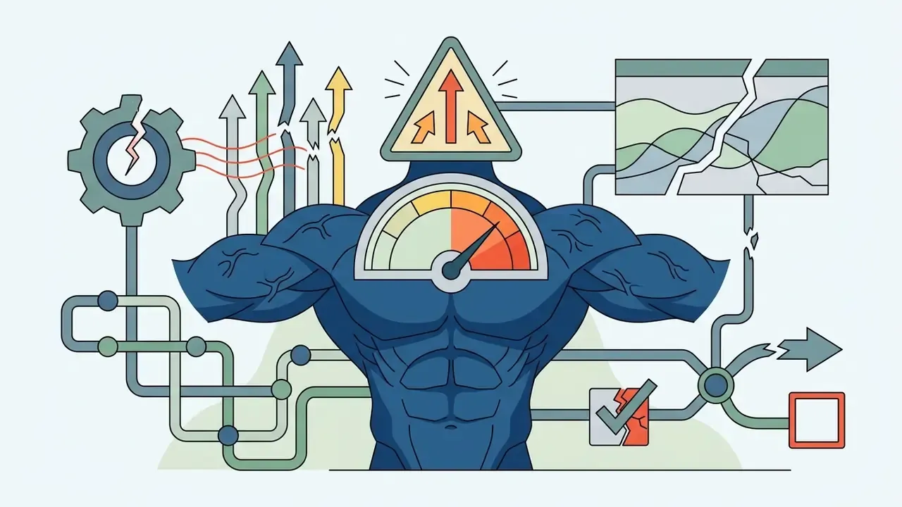 Muscular torso with a gauge and warning symbol connected to broken data lines and fractured charts