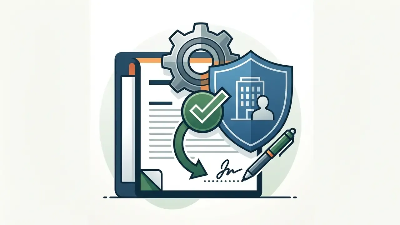 Contract document with a gear, a shield featuring a corporate icon, a checkmark, and a signing pen