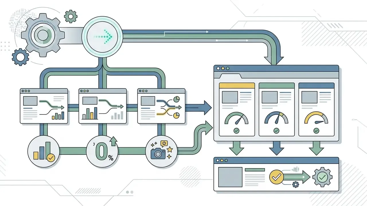 Multiple software windows and gauges connected by data pipelines to manage multi-model testing workflows