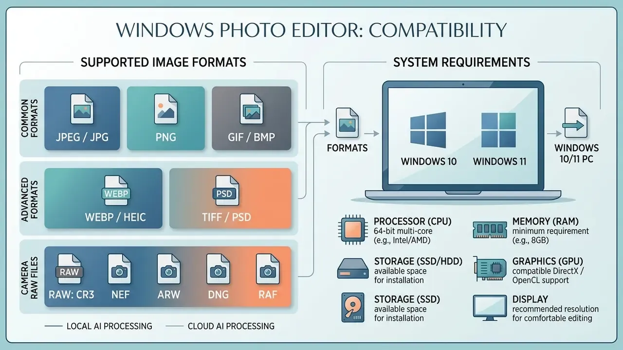 Diagram detailing supported file formats and hardware requirements for running software on Windows