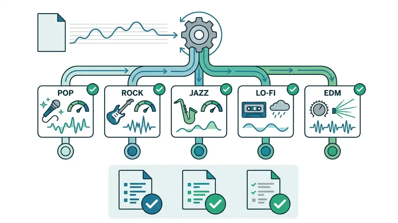 Central gear processing audio data into five distinct musical genres with specific instrument icons