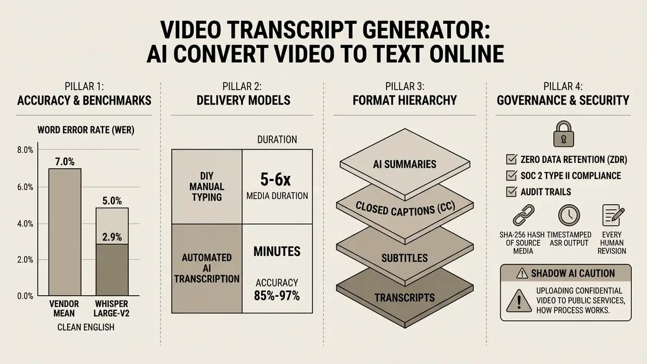 Infographic comparing accuracy, delivery models, format hierarchy, and security for a video transcript generator