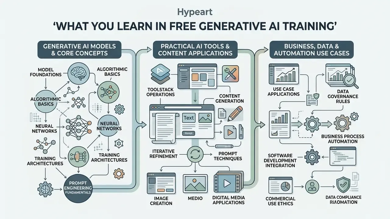 Diagram showing three stages of AI education including core concepts, practical tools, and business use cases