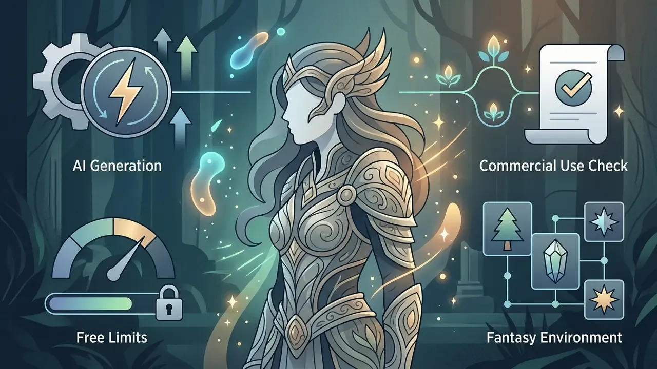 Fantasy girl in ornate armor surrounded by icons for AI generation, commercial checks, and free limits