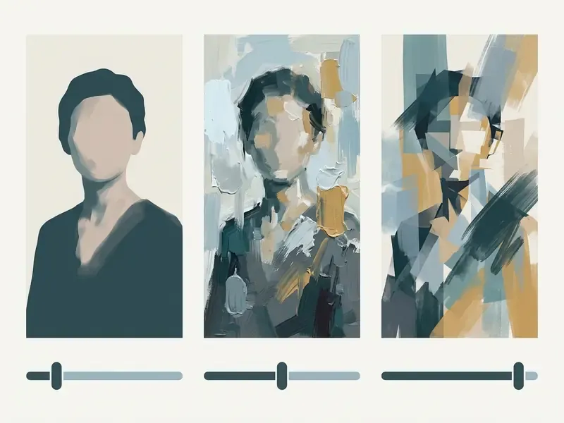 Three portraits showing increasing levels of brushstroke abstraction controlled by a slider