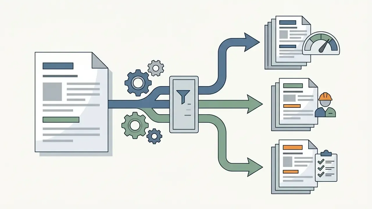 Document being filtered through gears into three distinct segments for different reader groups