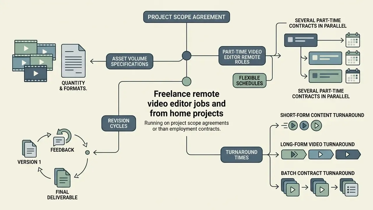 Diagram mapping project scope agreements for freelance remote video editor jobs and work from home projects