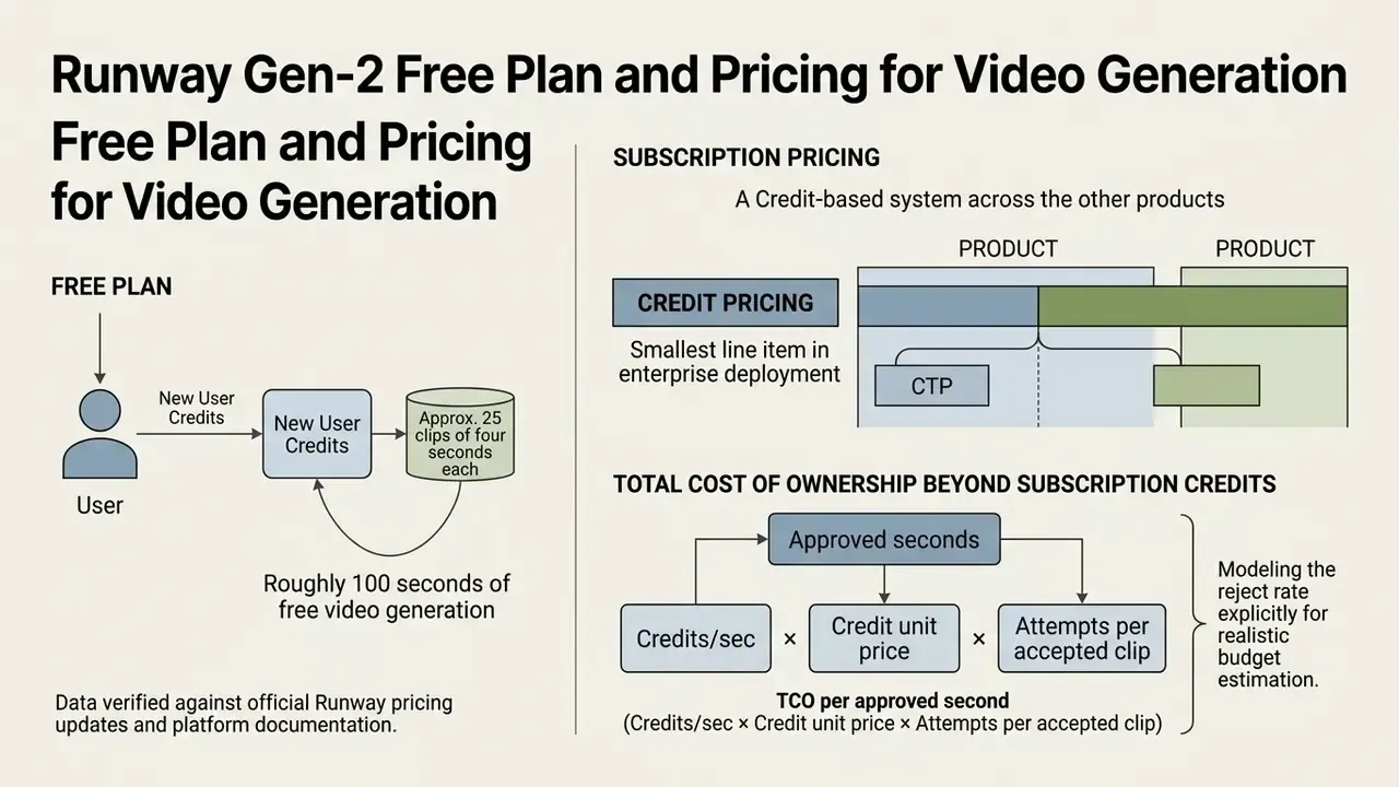 Visual breakdown of credit-based subscription costs and free trial allowances for video generation