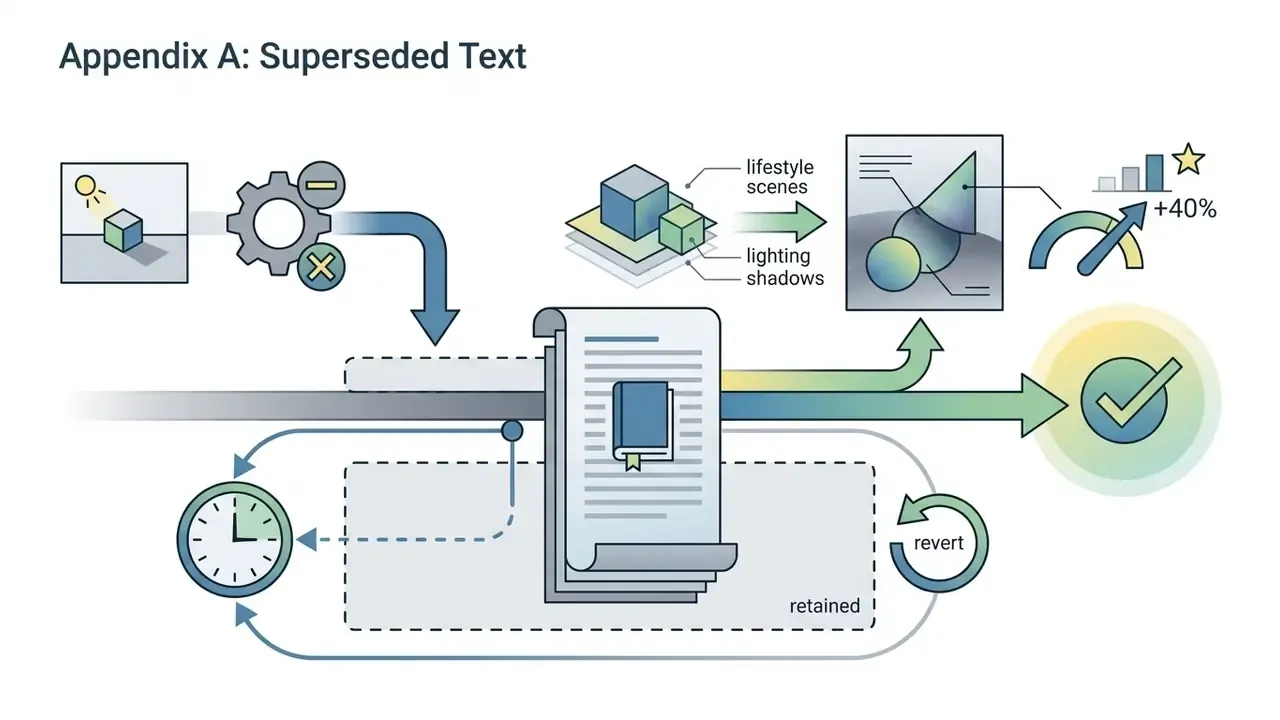 Document icon representing superseded text being moved through a cycle of retention and revision