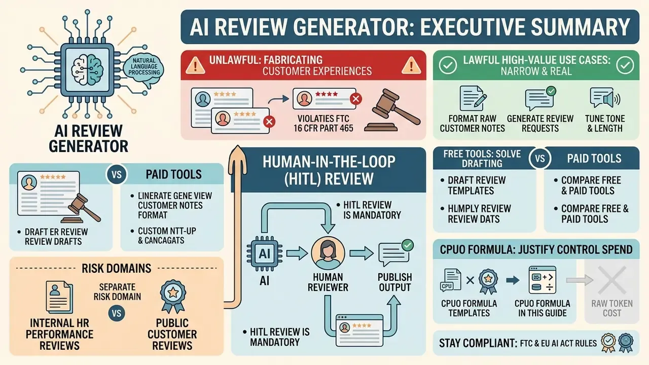 Infographic outlining the legal risks, lawful use cases, and human oversight requirements for an AI review generator