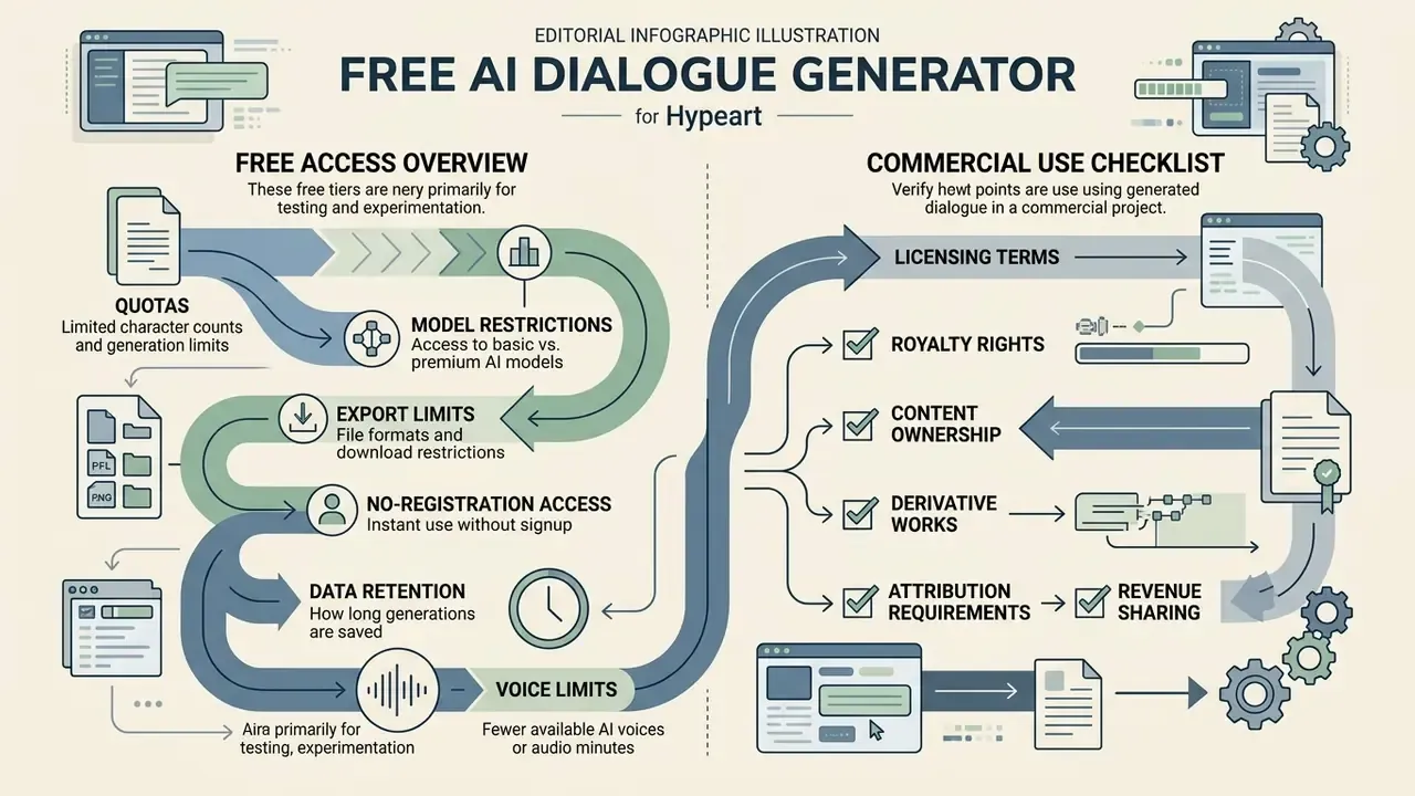 Flowchart comparing free access limitations with a checklist for commercial usage of generated content