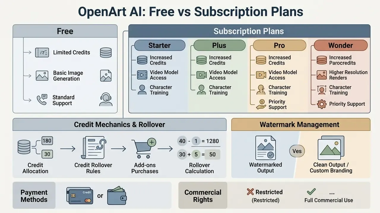 Comparison infographic detailing OpenArt AI subscription tiers, credit rollover rules, and usage policies