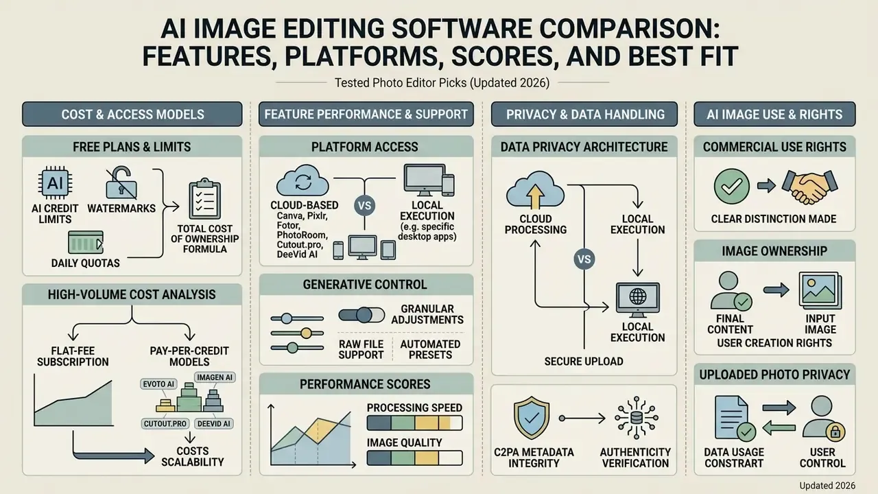 Comparison chart detailing cost models, platform access, data privacy, and usage rights for AI editing tools