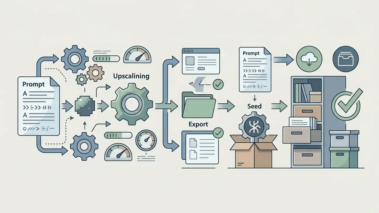 Gears and gauges processing a text prompt for upscaling, exporting files, and archiving with a seed