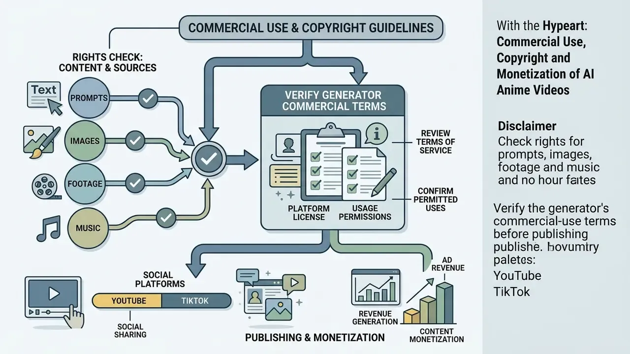 Flowchart outlining rights checks and commercial terms for a free AI anime video generator