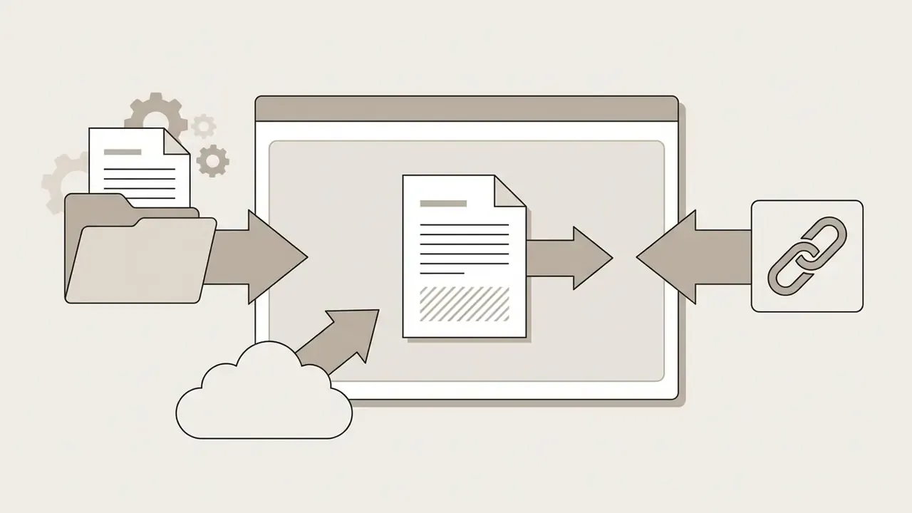 Arrows pointing from a file folder, cloud icon, and link icon toward a central document window