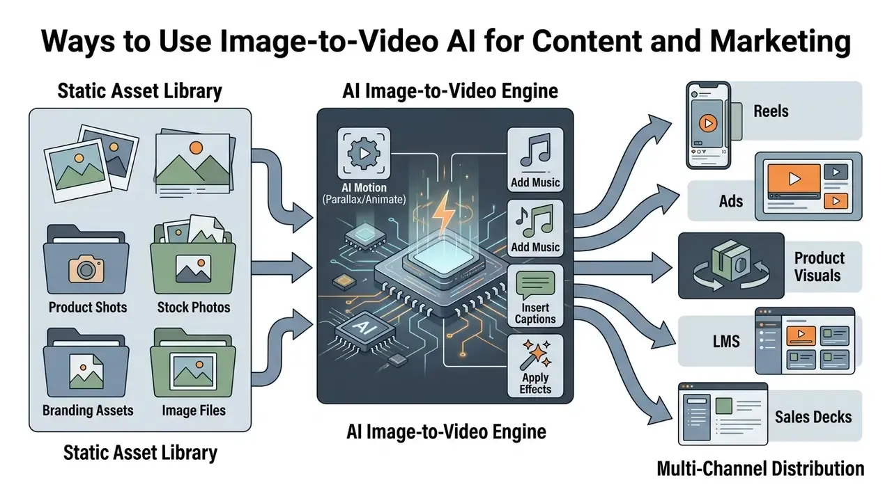 Diagram showing static assets processed by an AI engine for multi-channel video distribution
