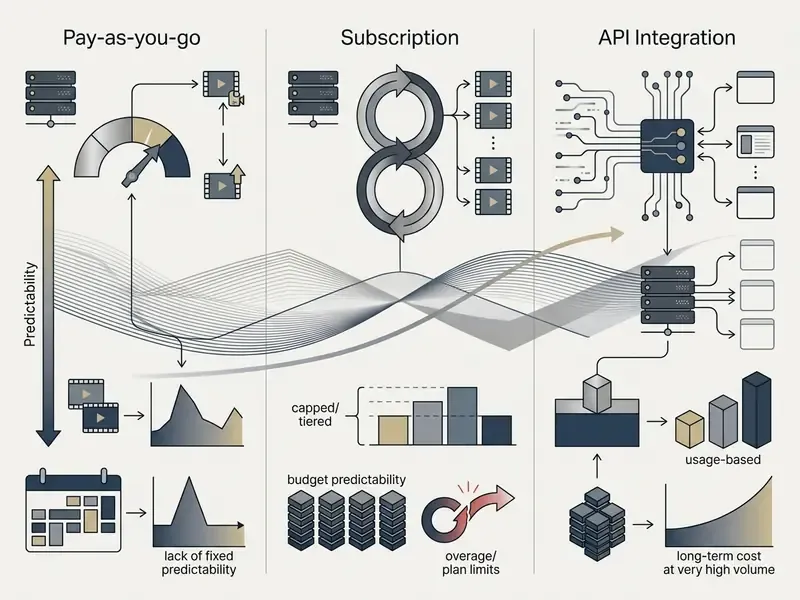 Three-column diagram mapping predictability against operational flexibility for AI video pricing models