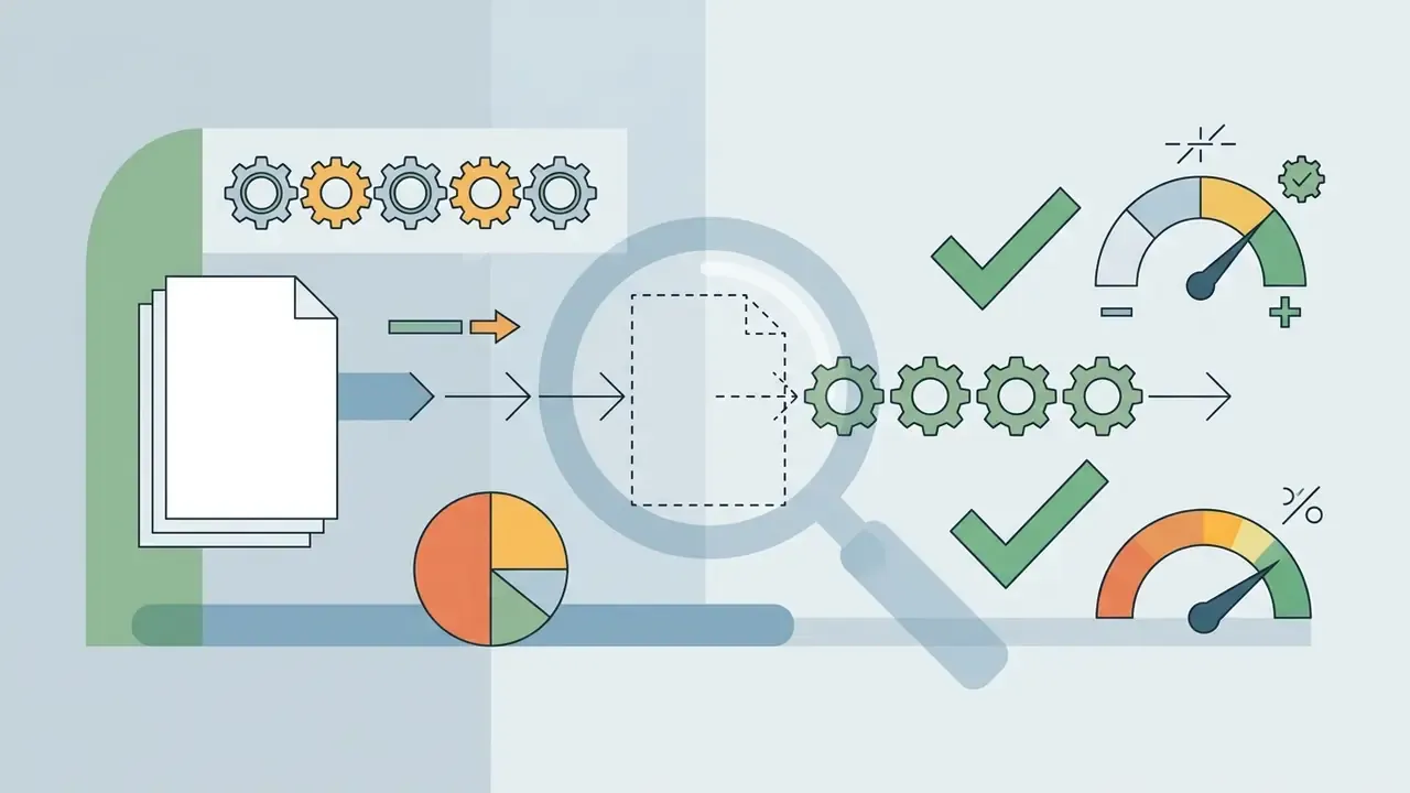 Documents moving through a magnifying glass and gear mechanism toward gauges and checkmark icons