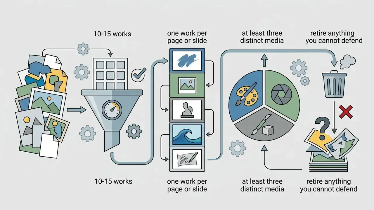 Steps to filter artwork into a curated selection of 10-15 pieces across three media for an art portfolio