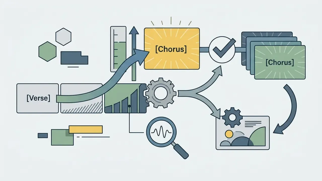 Arrows connecting a verse block to a chorus block with gears and a magnifying glass for audio analysis