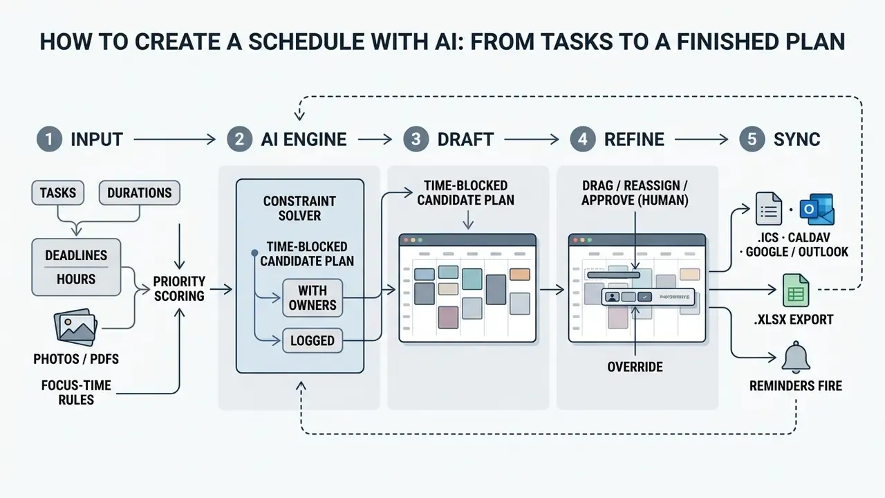 Diagram showing the sequential steps of task input, constraint processing, and final calendar integration
