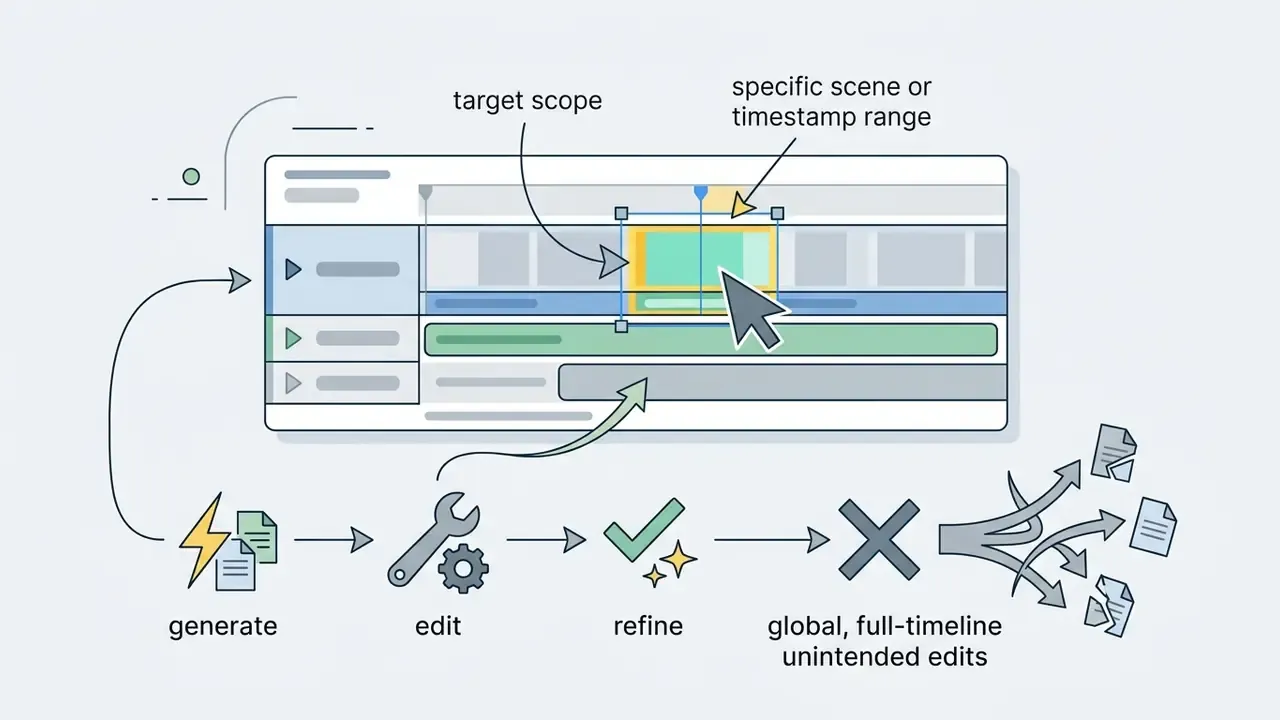 Timeline interface showing a cursor selecting a specific scene range to avoid unintended global edits
