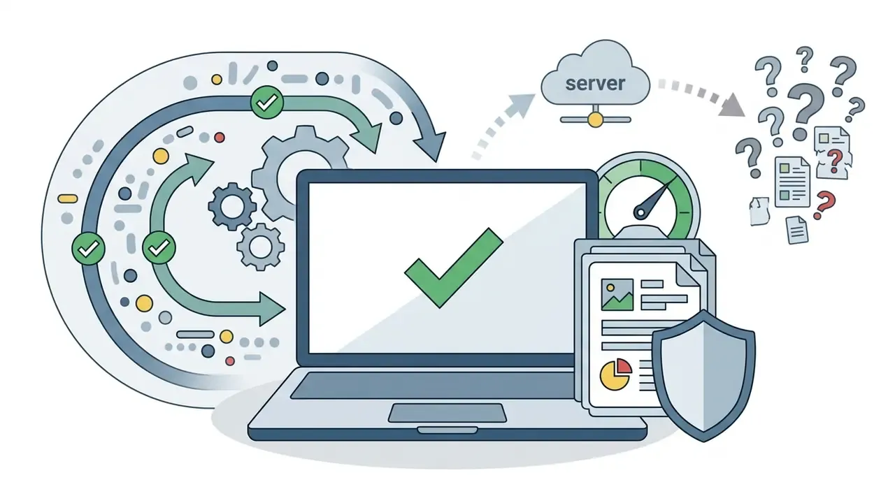 Laptop with checkmark icon connected to local gears and a shielded document versus remote server queries