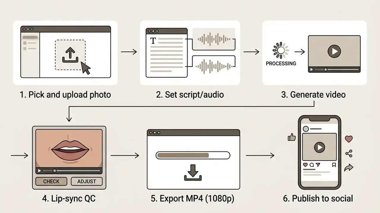 Sequential steps for creating animated content starting from photo upload to social media publication