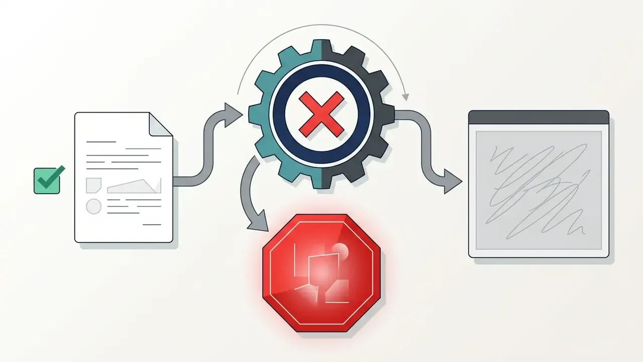 Document icon feeding into a blocked gear mechanism that diverts harmful prompts to a red stop sign