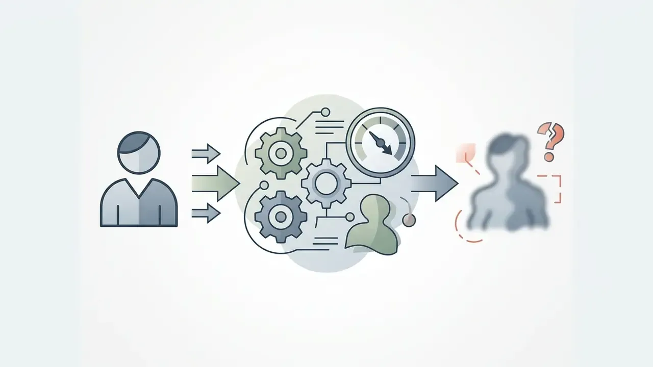 Stylized person icon entering a gear mechanism and emerging as a blurred figure with a question mark