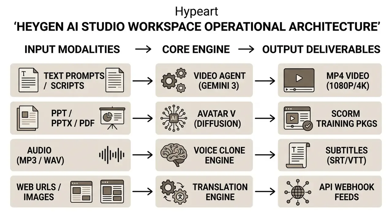 Diagram showing HeyGen AI video generator inputs processed by core engines into various output formats